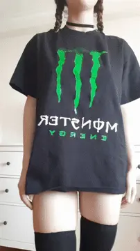 sexy teen lifting monster t-shirt with big titties and black stockings porn gif