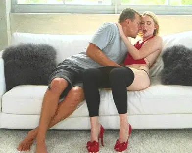 foreplay is well underway with leggy blonde in red high heels porn gif