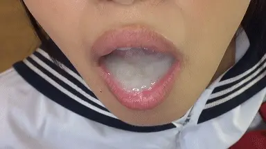 asian plays with cum in her mouth porn gif