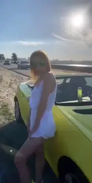 Amazing suction dildo on car in ass out in public next to highway