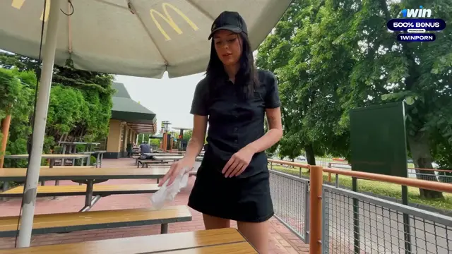 Risky public lovemaking at McDonald's toilet. Fucked a worker for squirted soda! - Eva Soda -