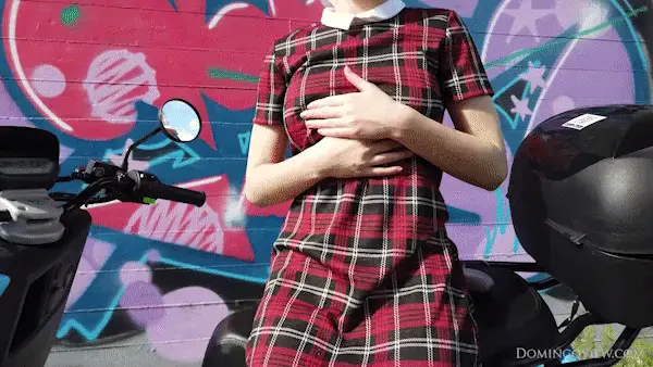 Leyla uses a pink vibrator at graffiti wall on the electro scooter Domingoview.com