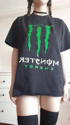 sexy teen lifting monster t-shirt with big titties and black stockings
