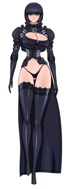 1girl akiranime animated animated_gif bangs black_eyes black_hair black_legwear black_panties bob_cut bolt bouncing_breasts breasts cleavage cleavage_cutout cross female gloves gluteal_fold high_heels hips lace lace-trimmed_thighhighs large_breasts legs l