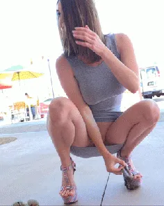 amber hannah is flashing her pussy in public in gray dress with big boobs