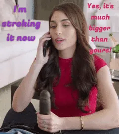 stroking his big black cock while teasing her little cucky